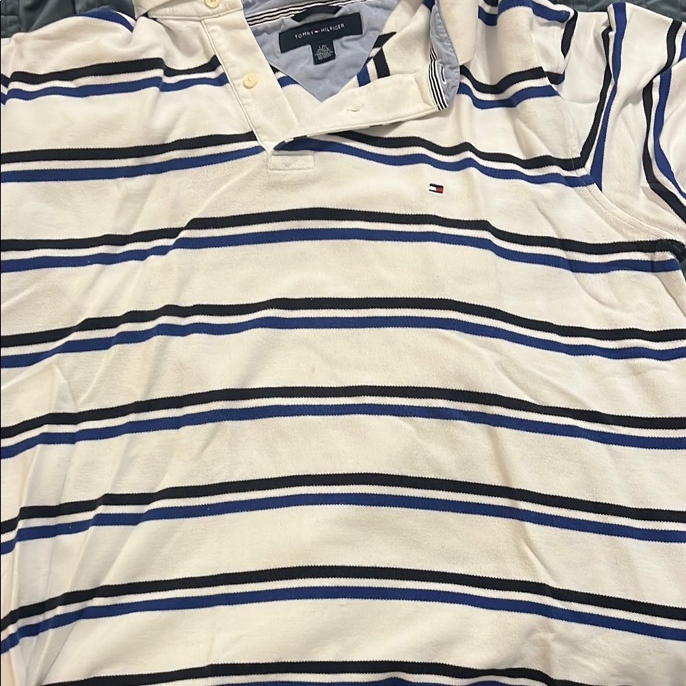 Tommy Hilfiger White and Blue Striped Polo Shirt